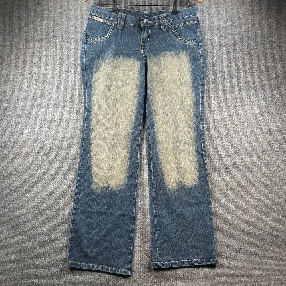 Bane Baggy Jeans Women's 36 Blue Ultra Low Rise Wide Leg Studded Pocket